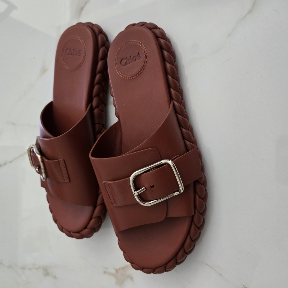 Chloe Brown Leather Sandals with Silver Buckle